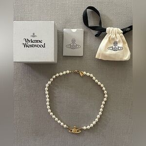 Vivienne Westwood gold Pearl Choker Necklace Mini Bas Relief